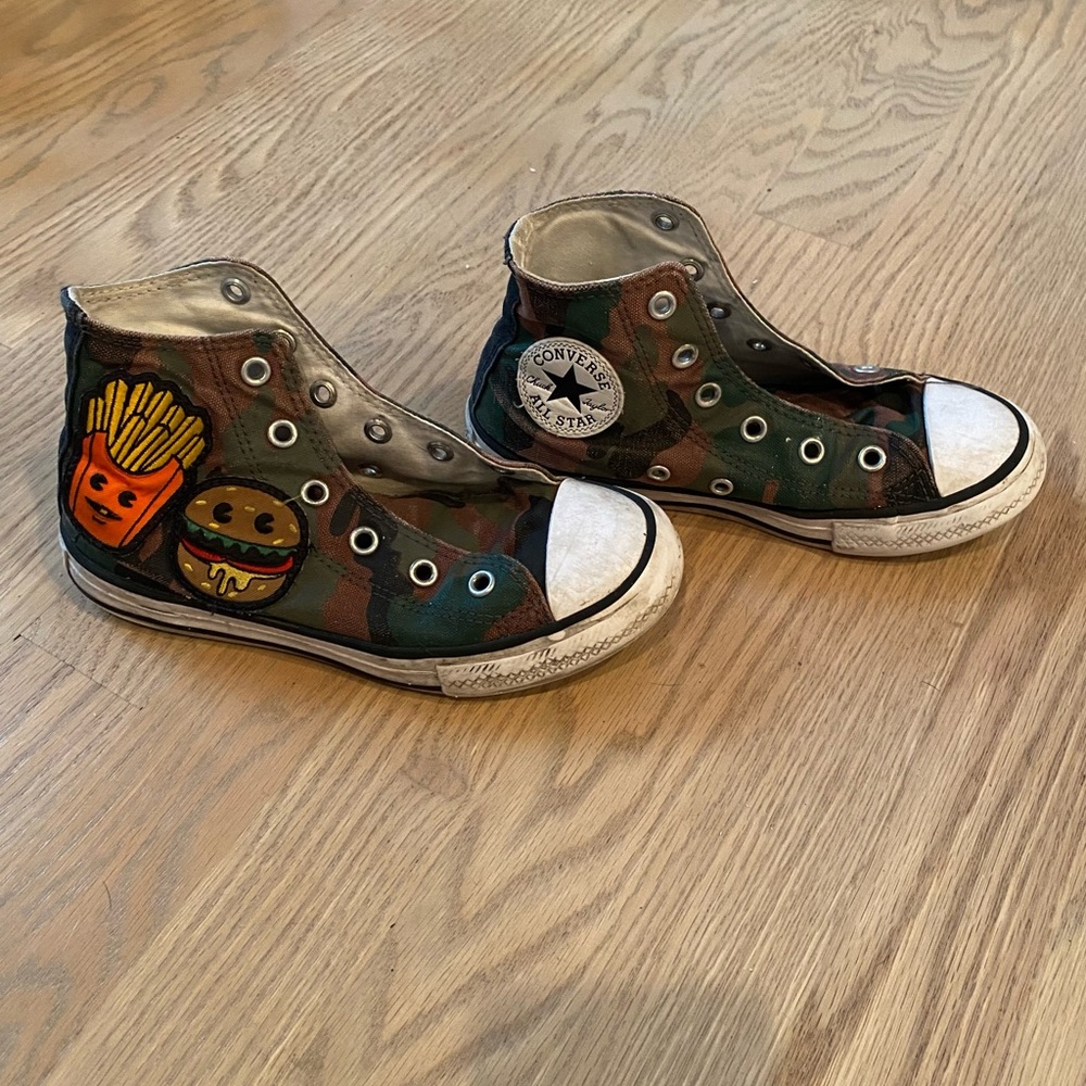 Hi top converse camouflage toddler/little kid size 13 with patches sneakers